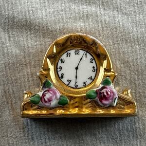 Vintage Porcelain Miniature Mini Mantel Clock Figurine Japan Gold Floral